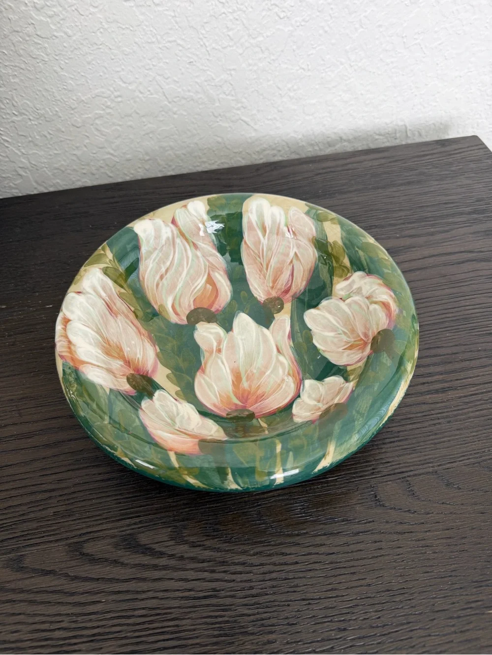 Hand-Painted Floral Ceramic Bowl - Green and Pink Tulips Signed Lèsal